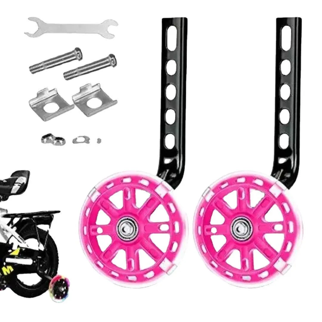 Children's metal bicycle training wheels with universal bracket in assorted colours including red, blue, and yellow.