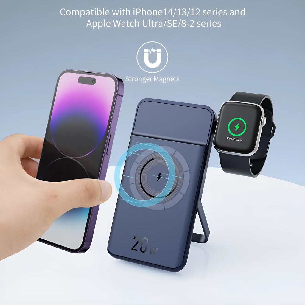 Black industrial-style magnetic wireless power bank showing three-in-one bracket design with 10000mAh capacity