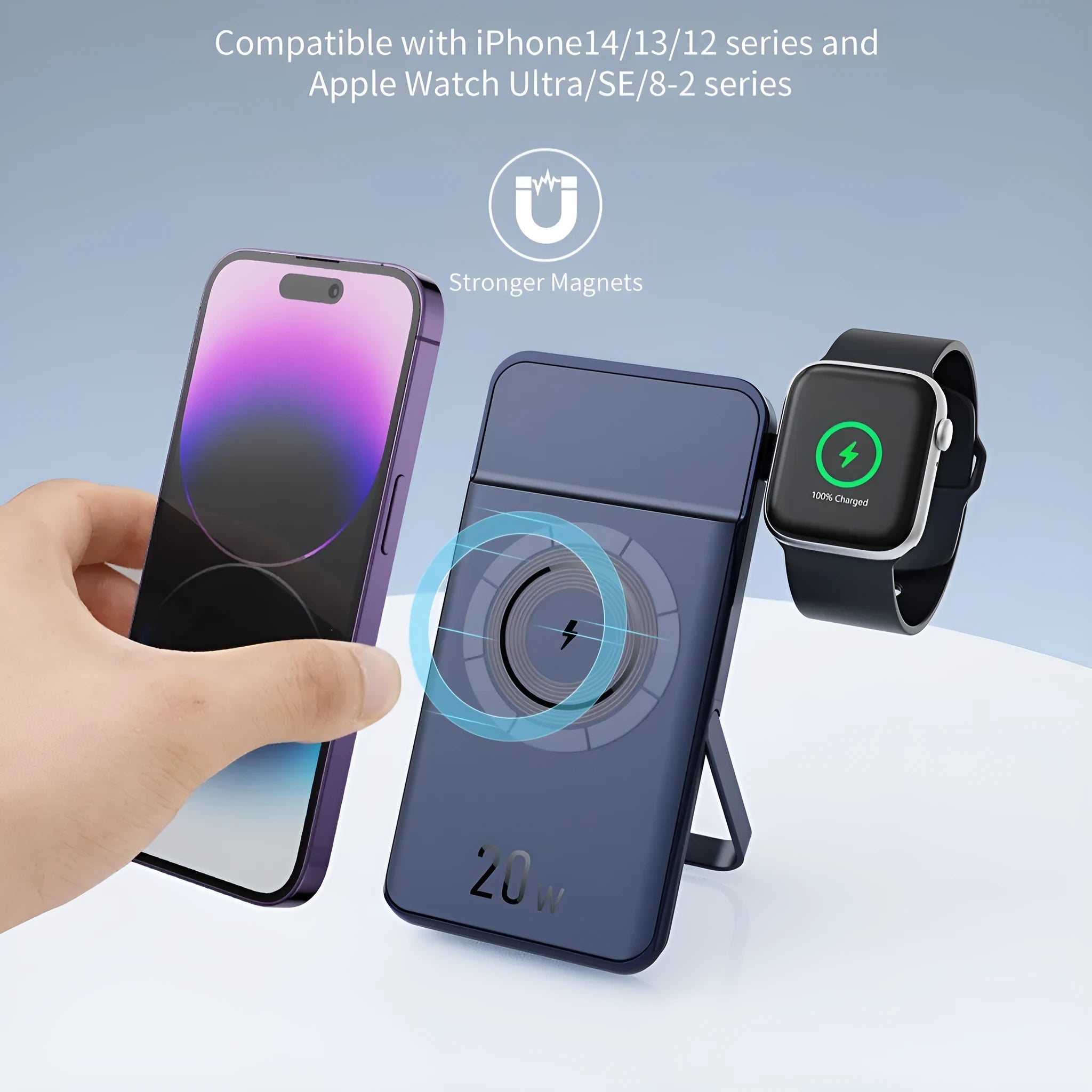 Black industrial-style magnetic wireless power bank showing three-in-one bracket design with 10000mAh capacity