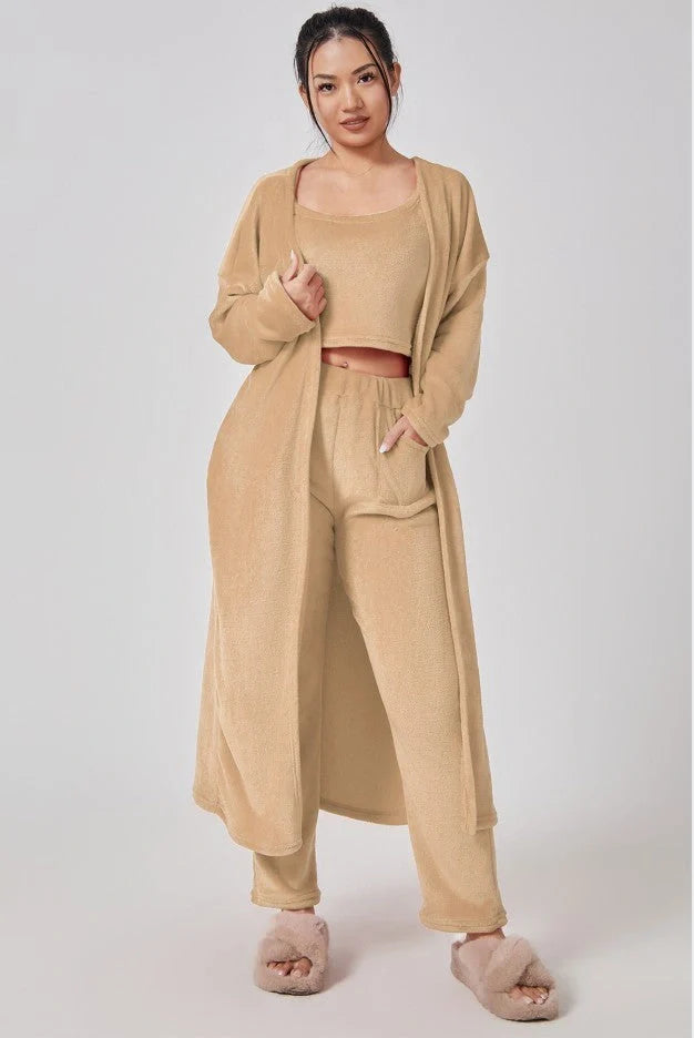 Cozy 3-Piece Loungewear Set - Soft and fluffy women's winter pajama set with crop top, wide-leg pants, and matching pullover