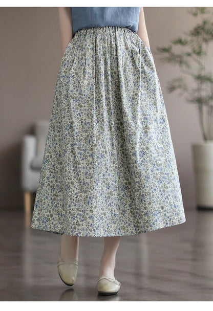 Floral printed cotton skirt in little yellow and blue flowers, urban leisure style
