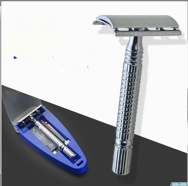 Double edged safety razor with closed comb head and chrome finish in storage box