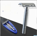 Double edged safety razor with closed comb head and chrome finish in storage box