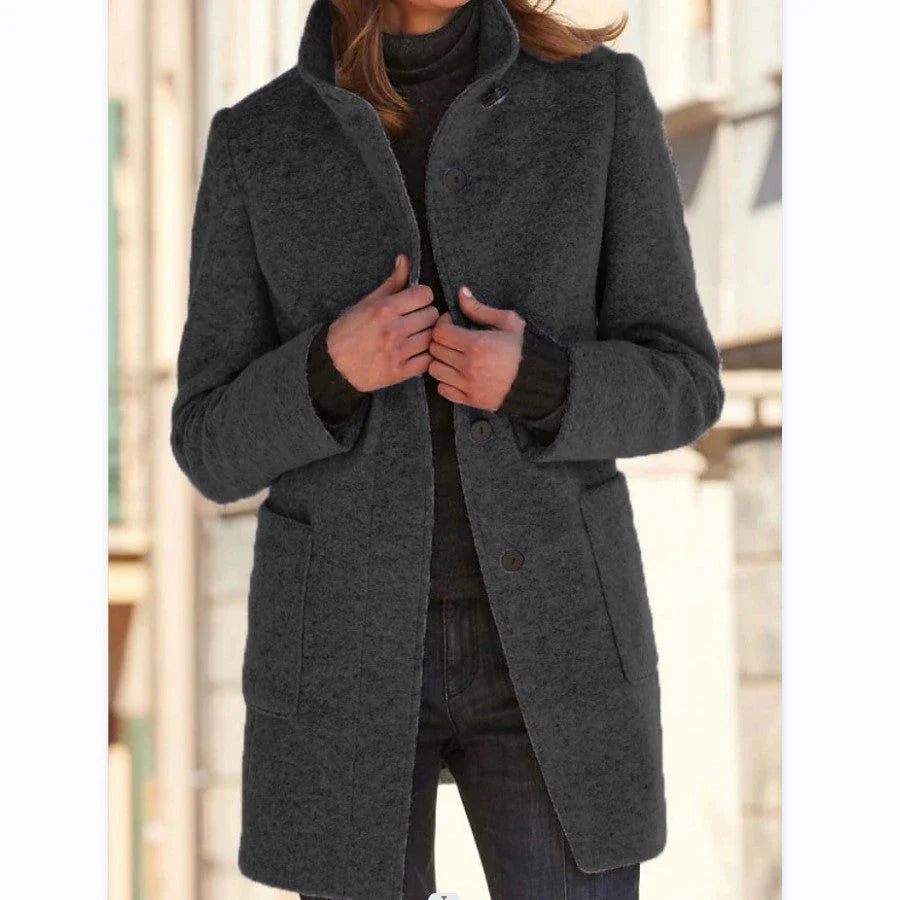 Stylish wool coat with stand collar and pockets, available in various colors for casual fall and winter wear.