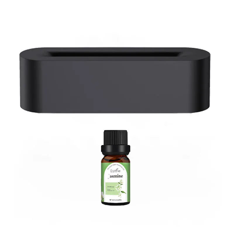 White square ultrasonic flame aroma diffuser with LED lights on a wooden table.