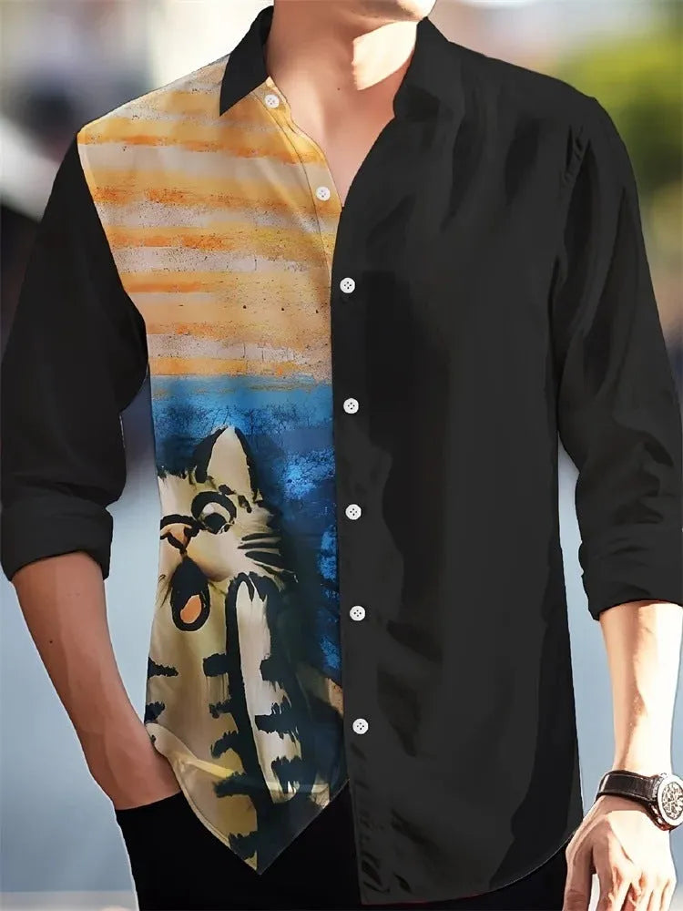 Men's Hawaiian shirt with floral pattern, long sleeves, and loose cardigan fit