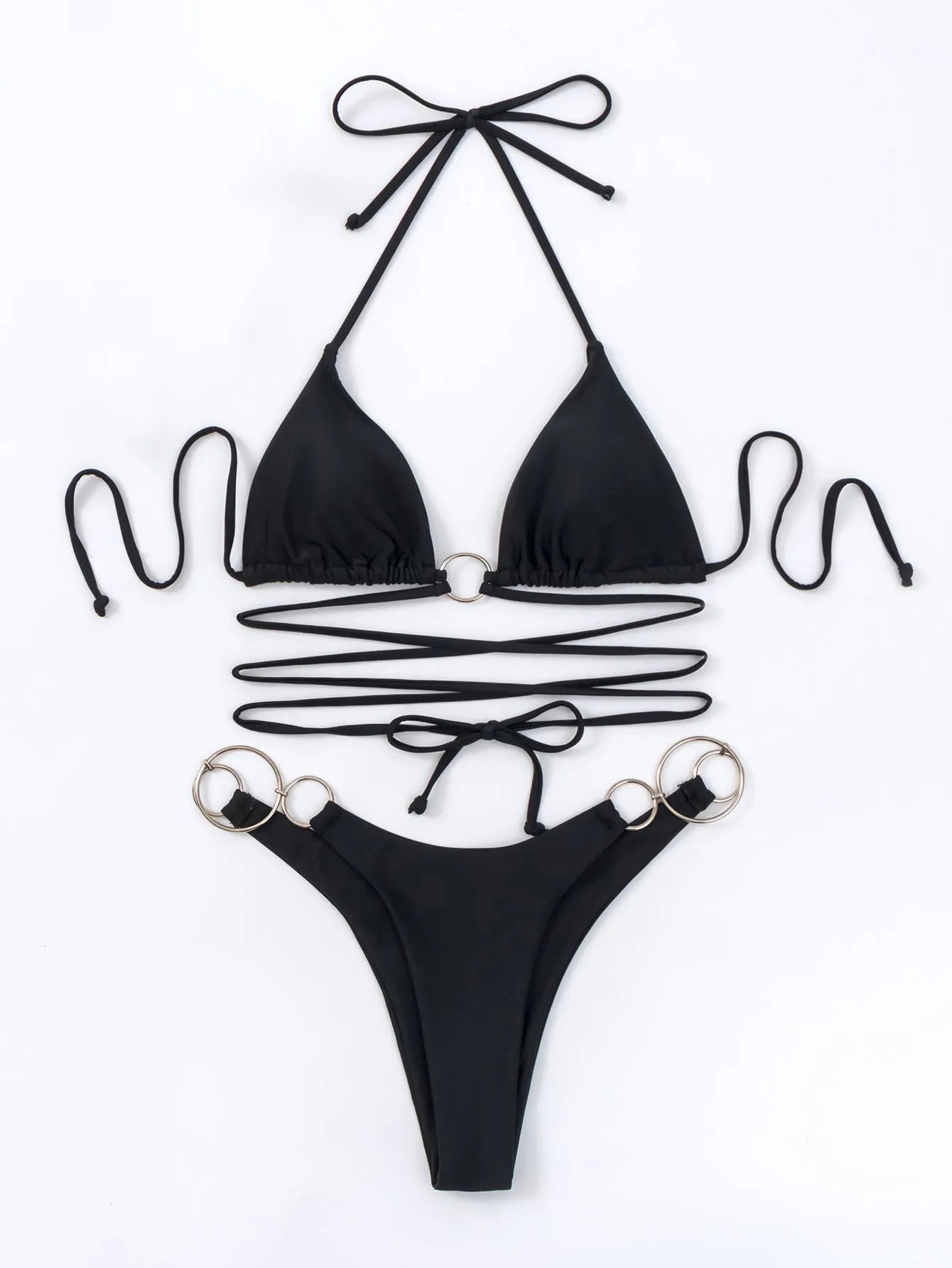 Black women's bikini set with metal ring detail on the long straps and a split bottom style.