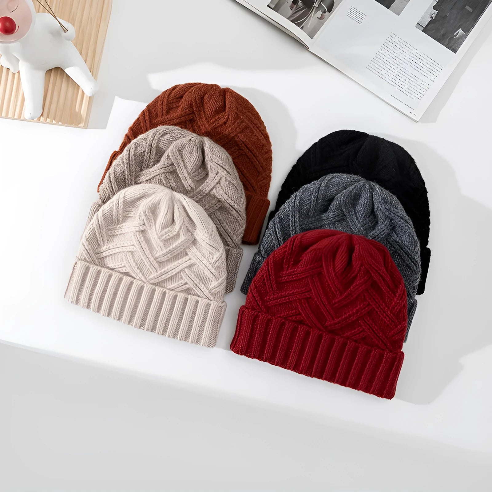 Wool knitted dome hat in ankela red colour with totem pattern detail