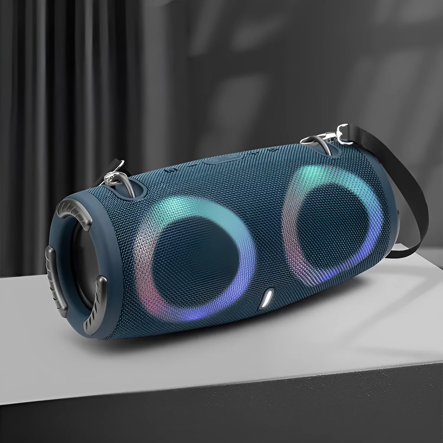 Portable Bluetooth speaker with RGB lights in multiple colour options including black and camouflage.