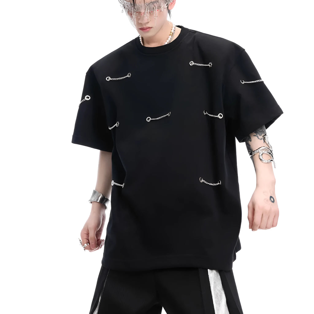 Black heavy cotton t-shirt with padded chain shoulder detail on short sleeves