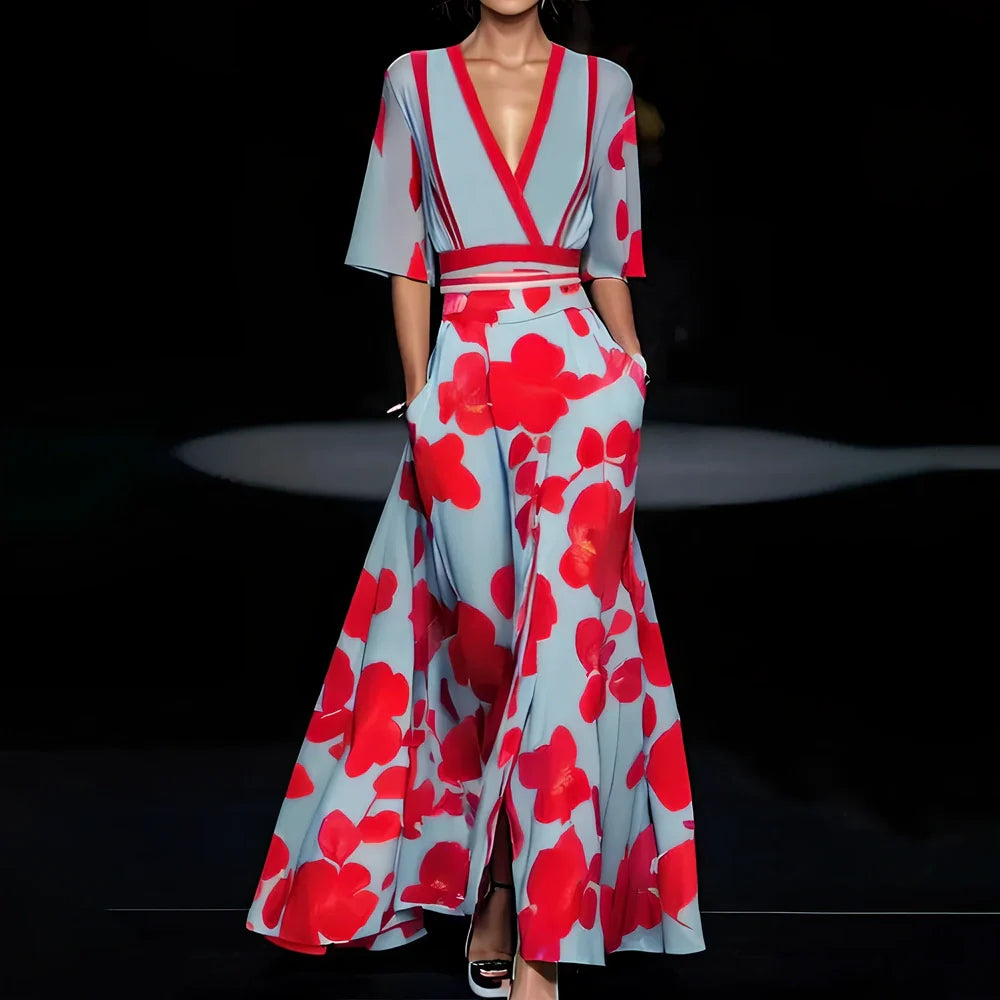 Women's summer V-neck A-line dress in red flower print, short split sleeves, belt included, sizes S-3XL polyester fabric