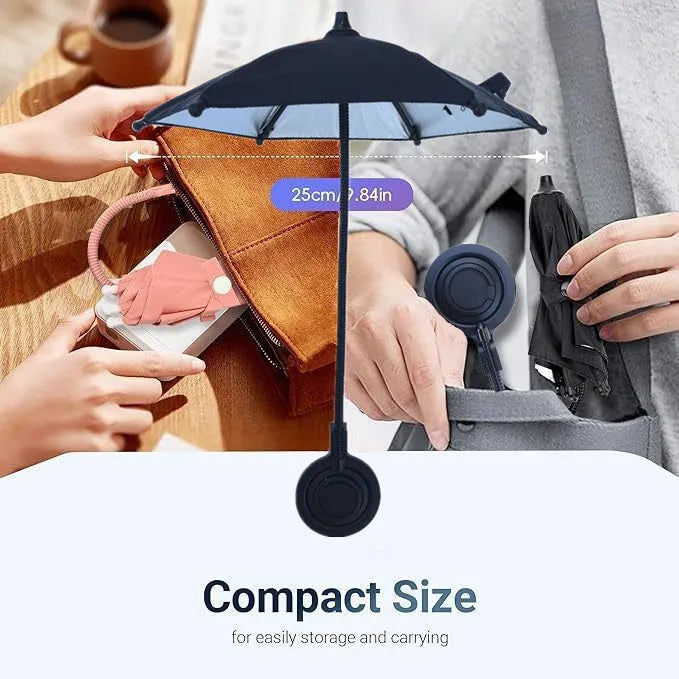 Magnetic retractable mobile phone umbrella bracket with iron frame and NC fabric in black