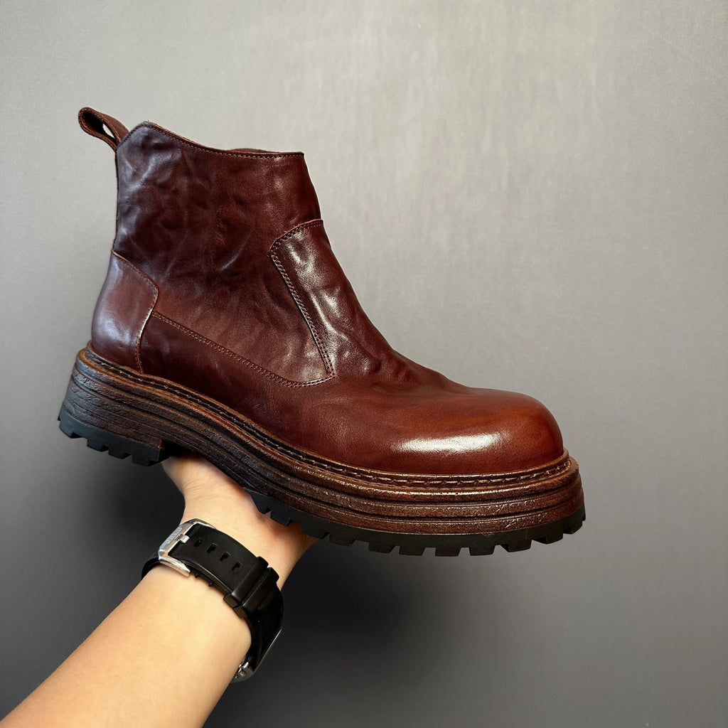 Retro Chelsea men's winter worker boot, mid-top, horse leather, black, zip closure, rubber sole