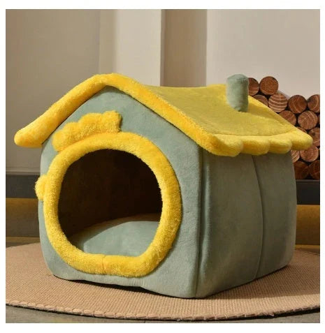 Cozy Pet Cave: Foldable plush dog house with warm removable cushion in various color options