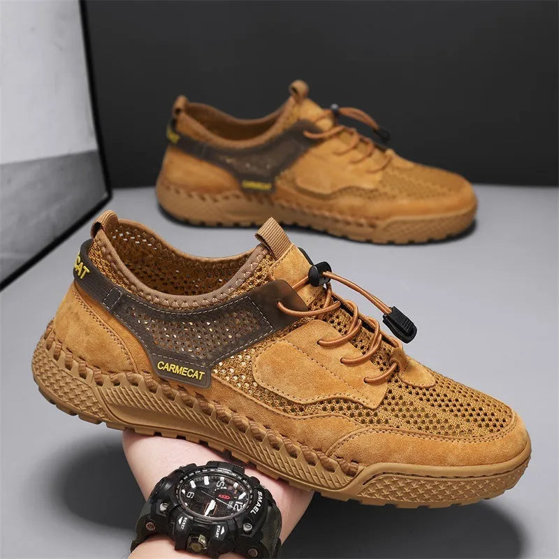 Men's brown suede casual tennis shoes with elastic band and hand-stitched details.