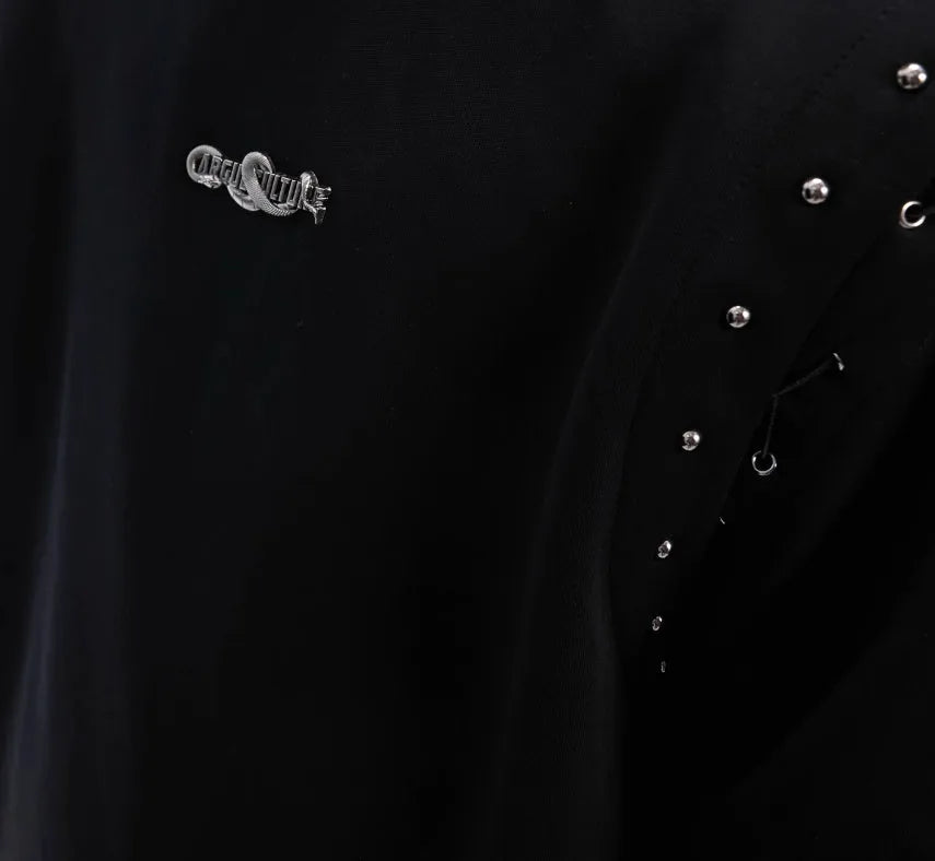 Men's black deconstruction style short sleeve t-shirt with a lace-up cutout panel on the front.