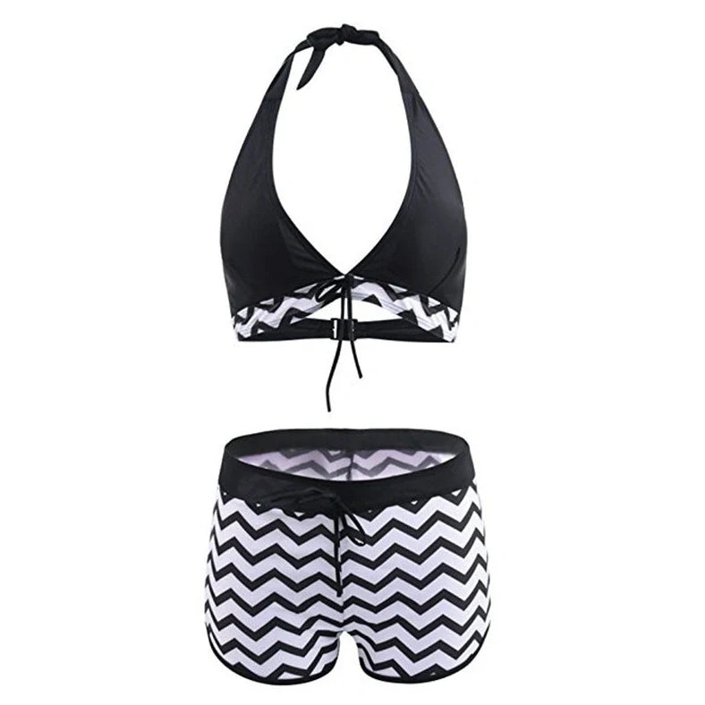 Zigzag print ladies bikini swimwear with geometric pattern on 82% polyester fabric