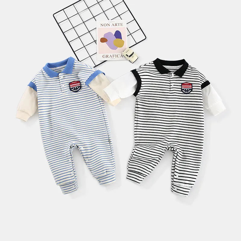 Striped cotton baby onesie in blue, pullover style, size 73cm, for autumn wear
