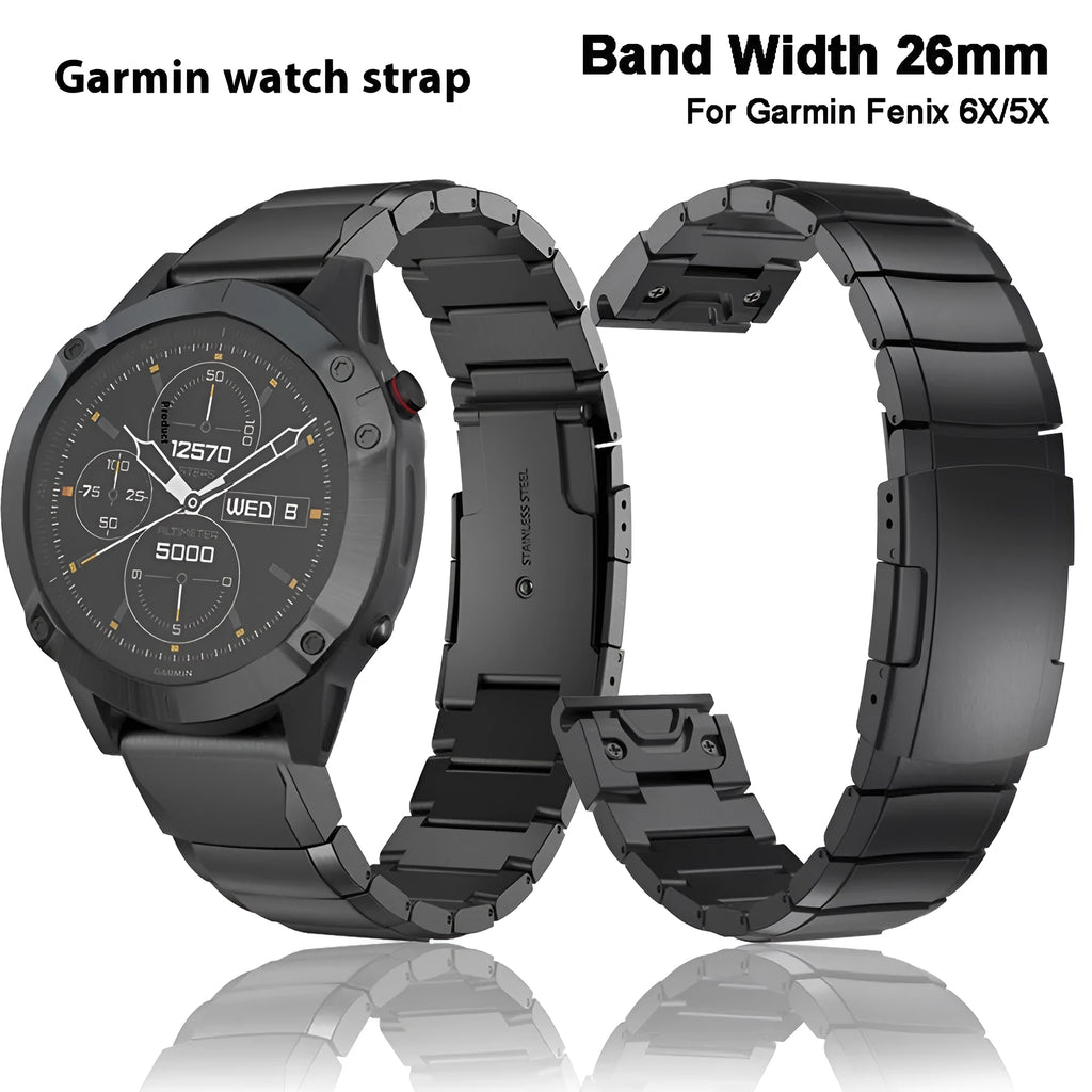 Stainless steel Garmin Fenix watch band in silver colour showing straight buckle mechanism