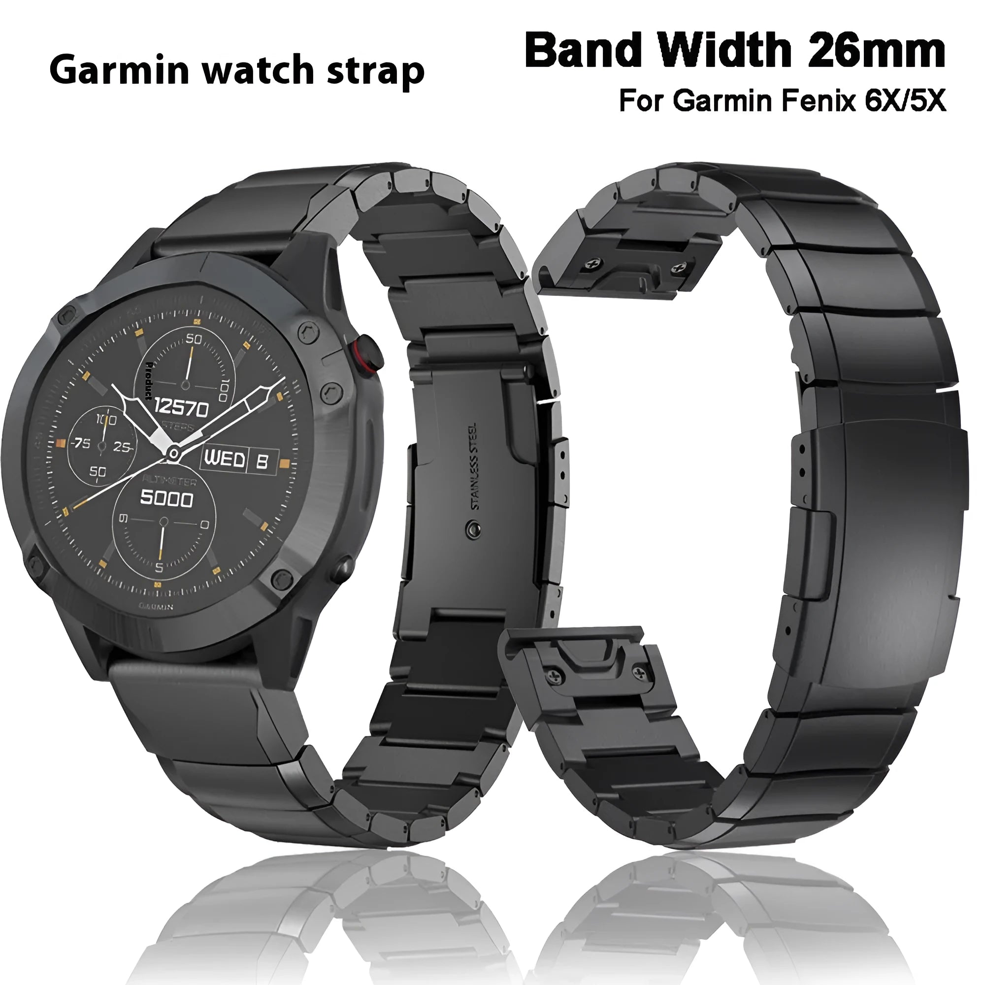 Stainless steel Garmin Fenix watch band in silver colour showing straight buckle mechanism