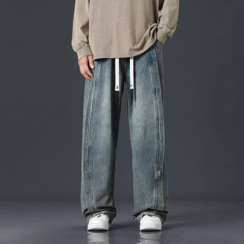 Retro patchwork washed oversized jeans men cotton black blue gray blue plus size trousers