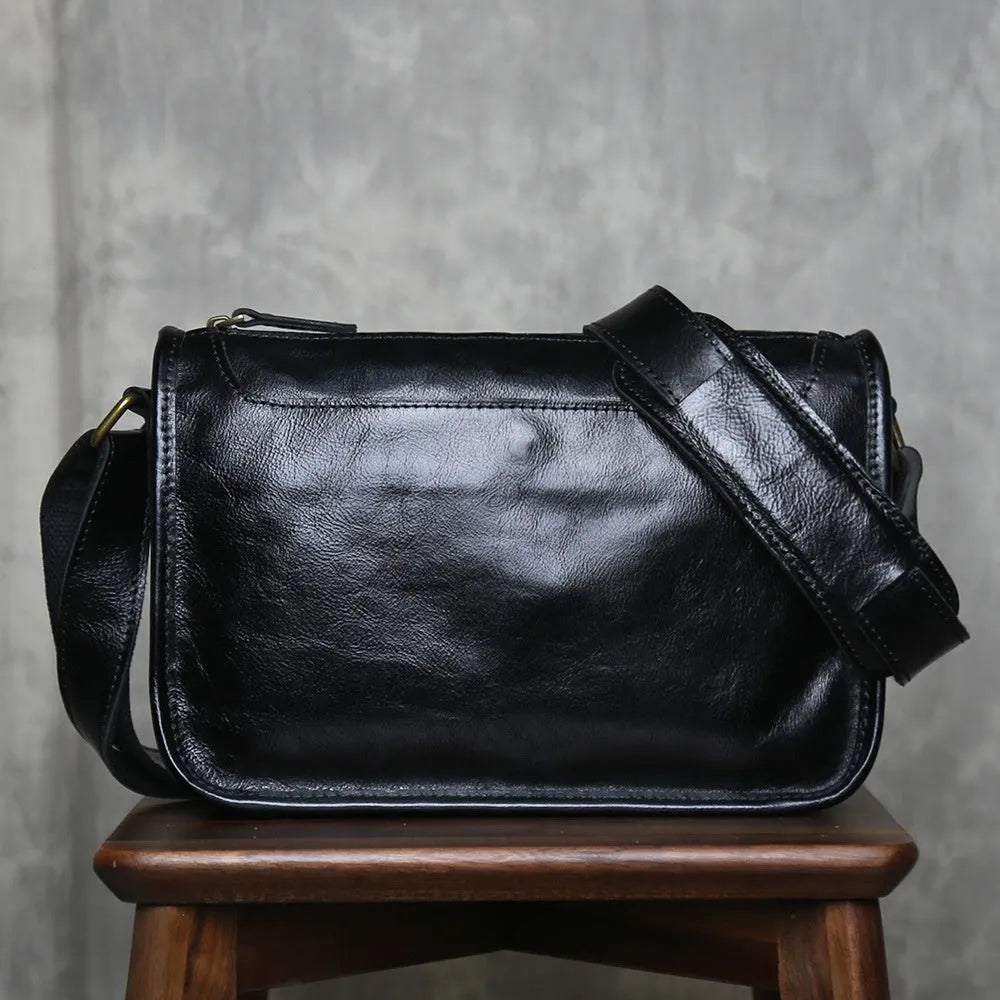 Men's genuine leather crossbody shoulder bag handmade top grain leather solid colour patchwork olive green casual travel