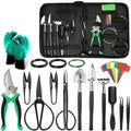 24-piece stainless steel bonsai tools set for potted plant pruning and maintenance, arranged on a flat surface showing various tool shapes.