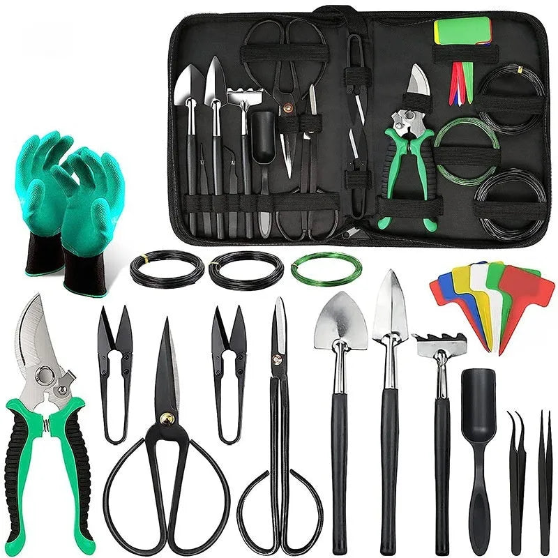 24-piece stainless steel bonsai tools set for potted plant pruning and maintenance, arranged on a flat surface showing various tool shapes.