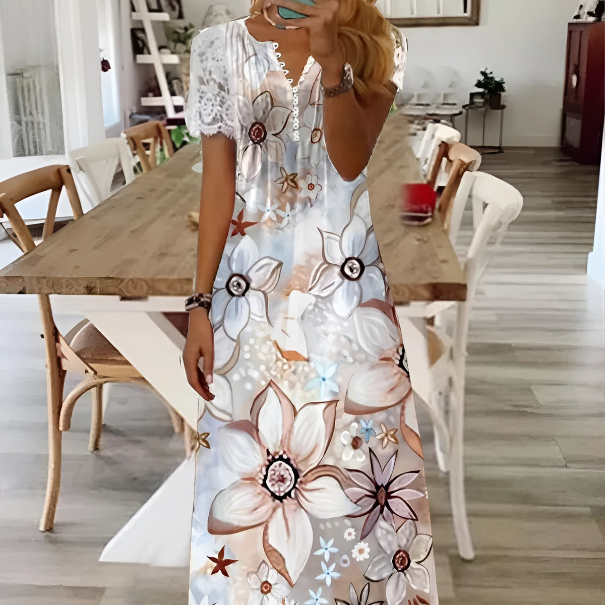 Printed lace sleeve short sleeve dress in polyester, long skirt, available in multiple colours and sizes S to XXL