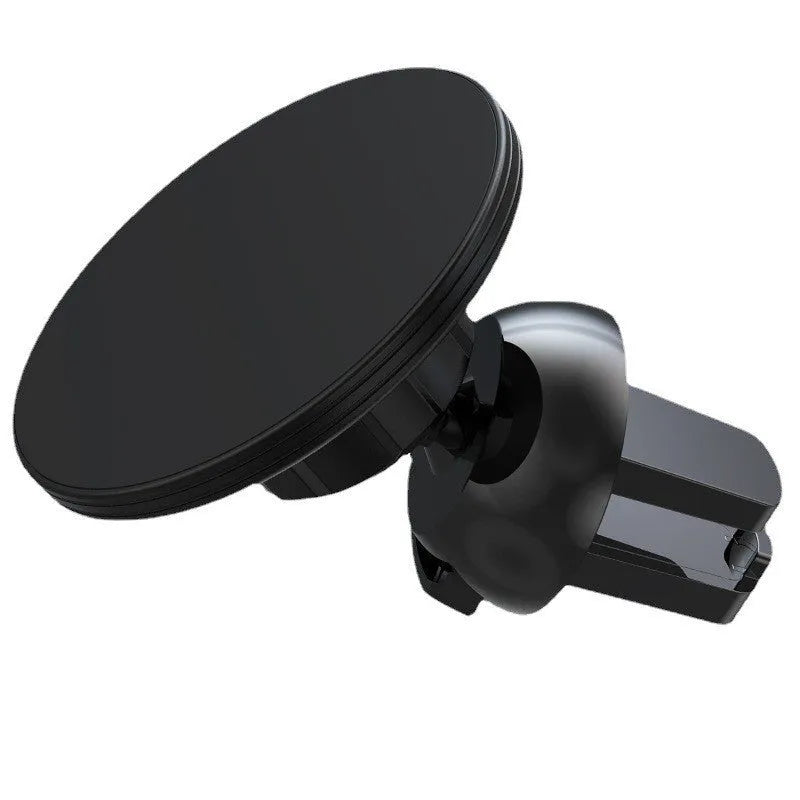 Black aluminium alloy magnetic car air vent phone holder attached to vehicle dashboard vent.