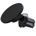 Black aluminium alloy magnetic car air vent phone holder attached to vehicle dashboard vent.
