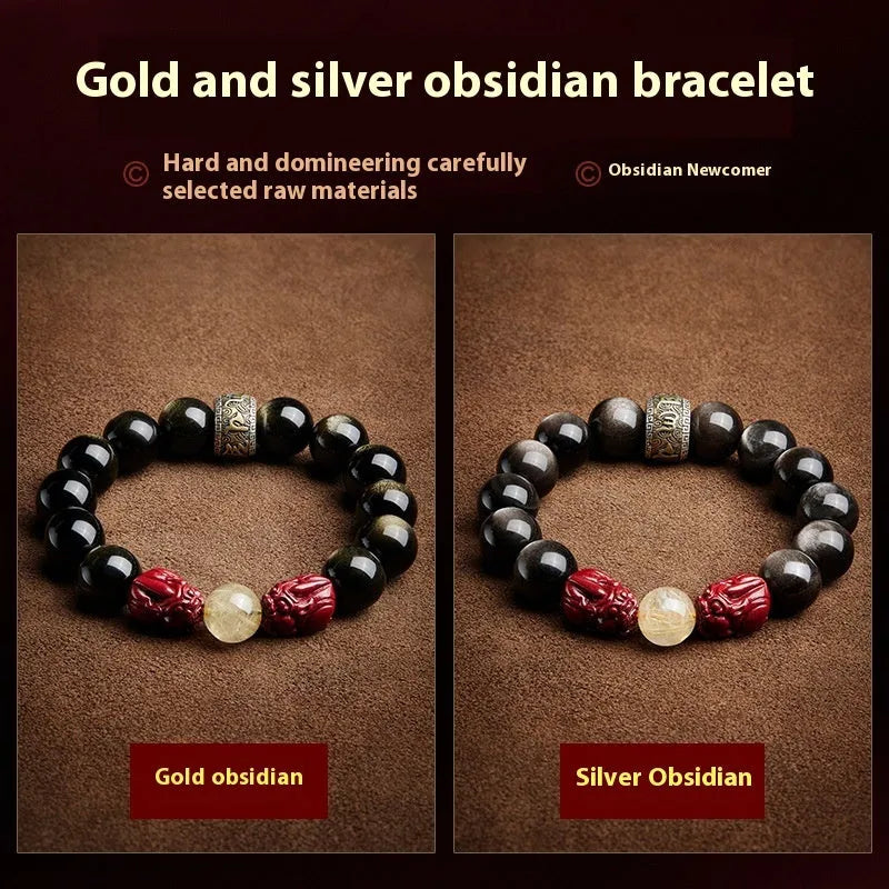 Hand-carved cinnabar beads bracelet with Jinniu design in silver gift box
