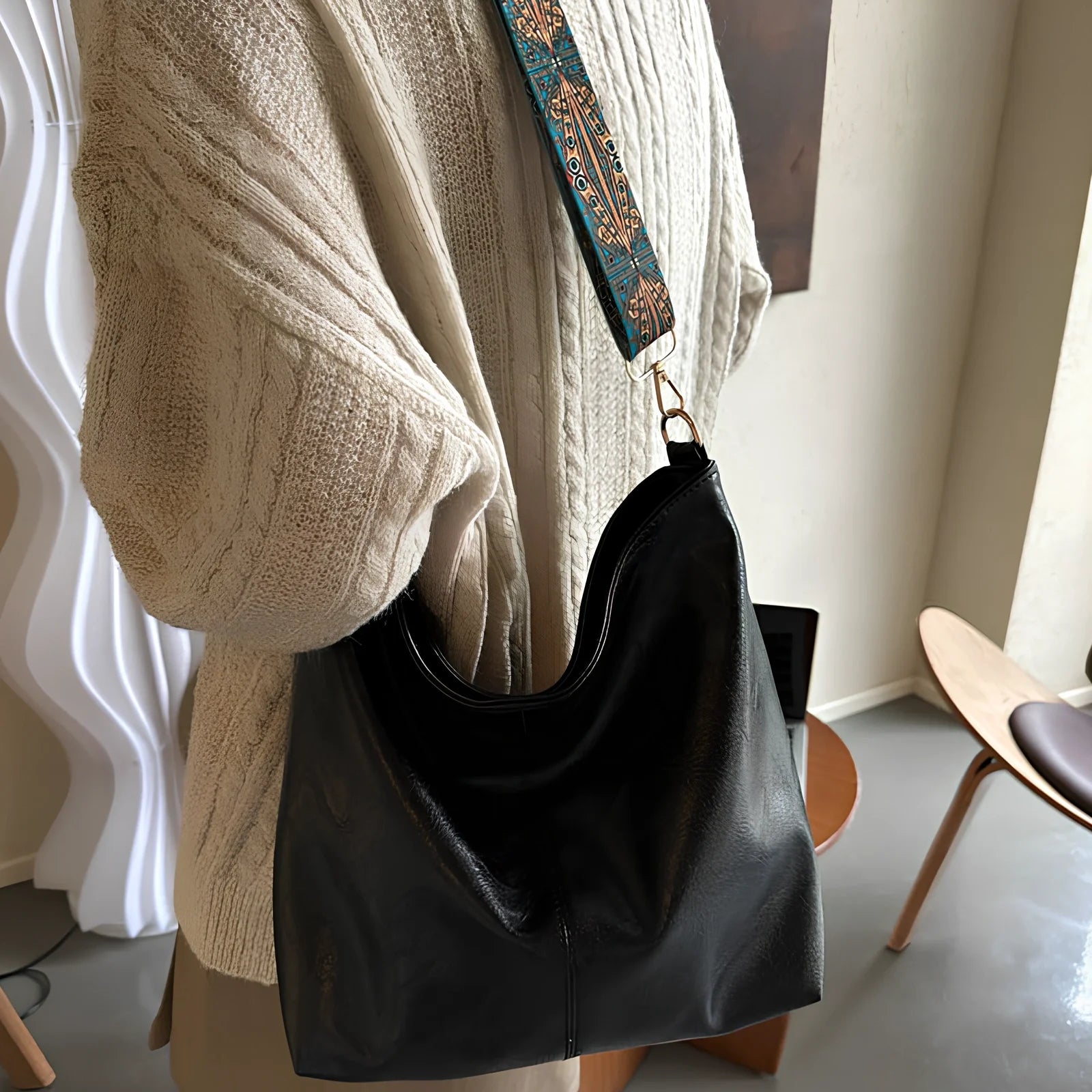 Women's army green PU bucket crossbody bag with wide ethnic strap, 30cm height, large capacity for phone and laptop