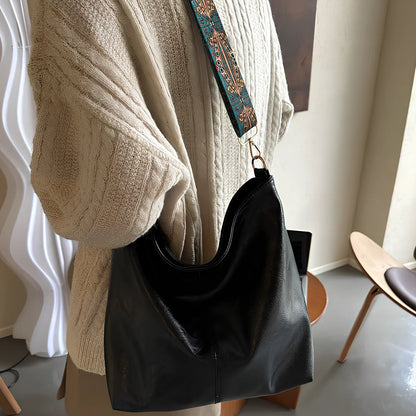 Women's army green PU bucket crossbody bag with wide ethnic strap, 30cm height, large capacity for phone and laptop