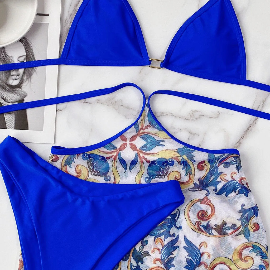 Blue triangle bikini 3 piece set with chest pad spandex polyester women swimwear sizes S M L
