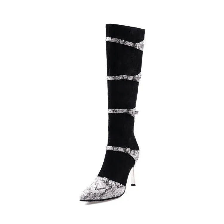 Women's grey knee-high boots with a thin high heel on a white background.