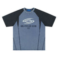 Blue men's loose fit cotton t-shirt with printed hip hop letters and raglan sleeves