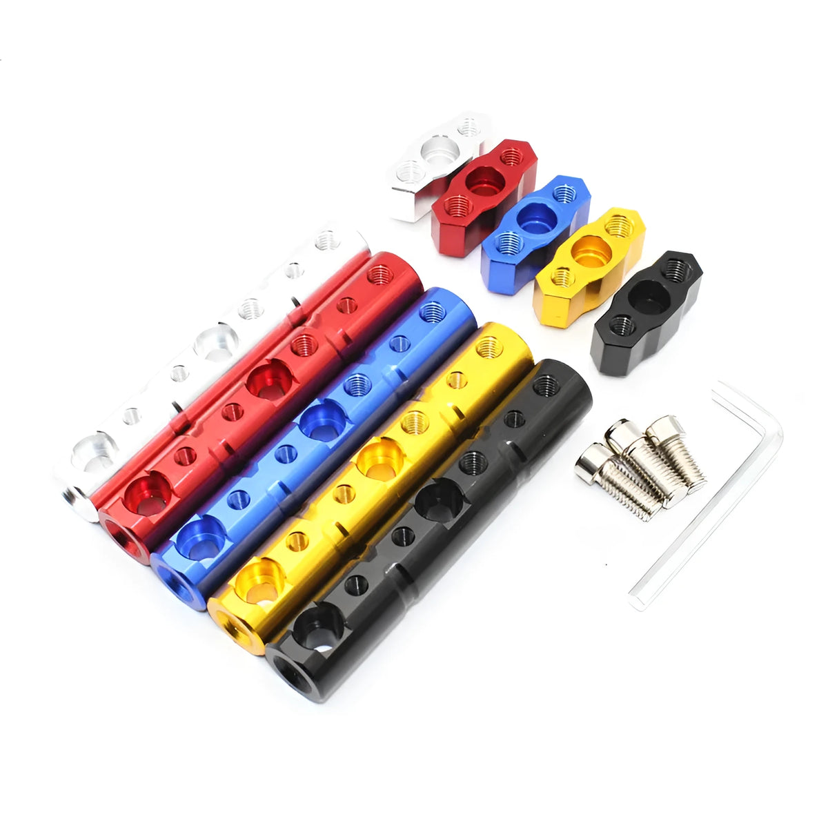 Aluminium alloy motorcycle extension bracket with 10mm and 8mm screw holes in black, red, blue, and gold colours