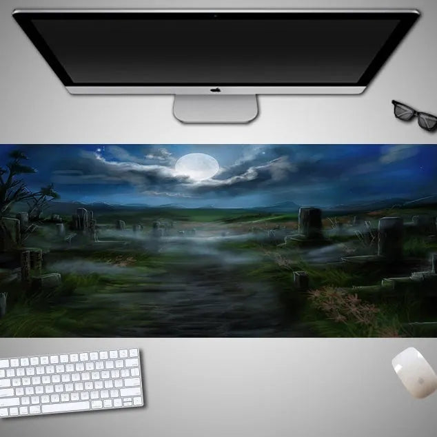 Oversized Halloween themed gaming mouse pad with non-slip rubber cloth base on a desk