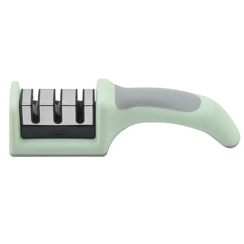 Multi-function kitchen knife sharpener with two-stage mouth colour box, ABS and TPR body, stainless steel and tungsten steel slots