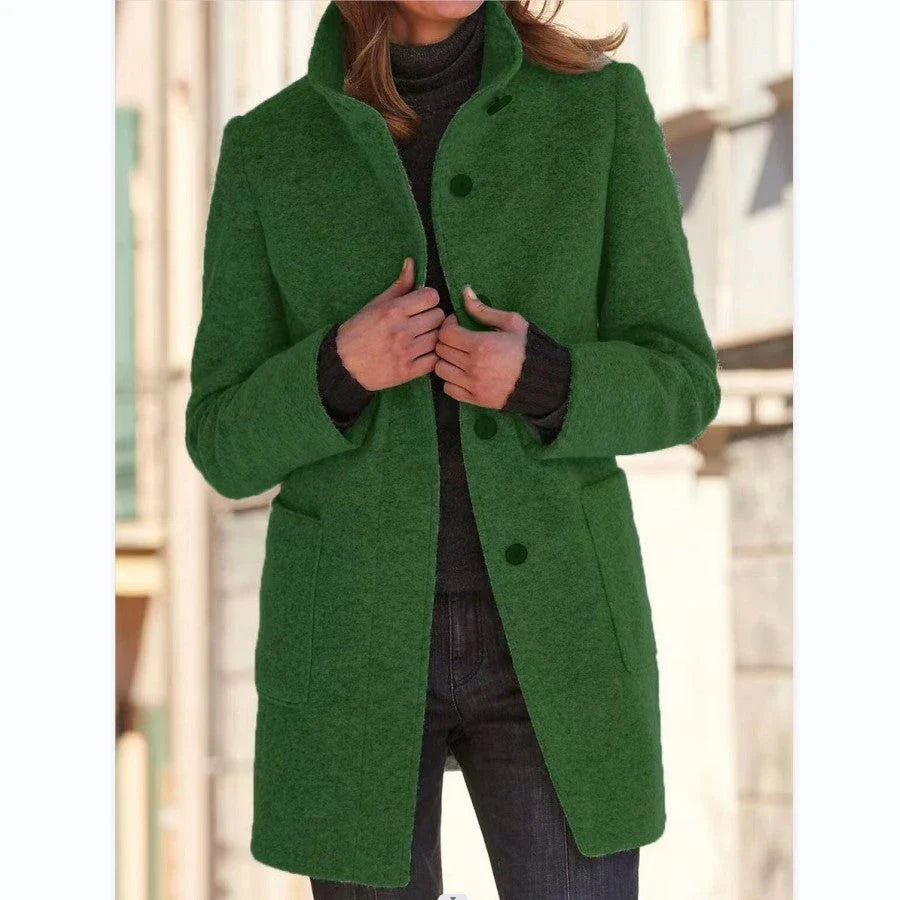 Stylish wool coat with stand collar and pockets, available in various colors for casual fall and winter wear.