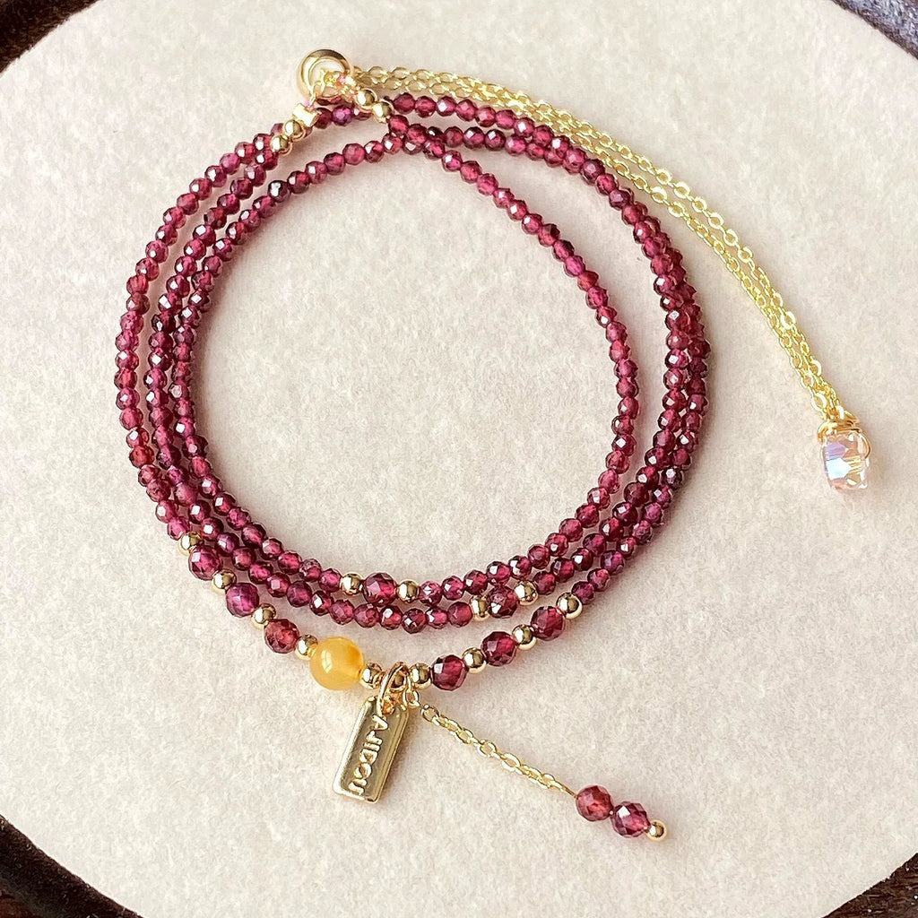 Wine red garnet bracelet necklace with beeswax cut surface texture on 2.5mm beads