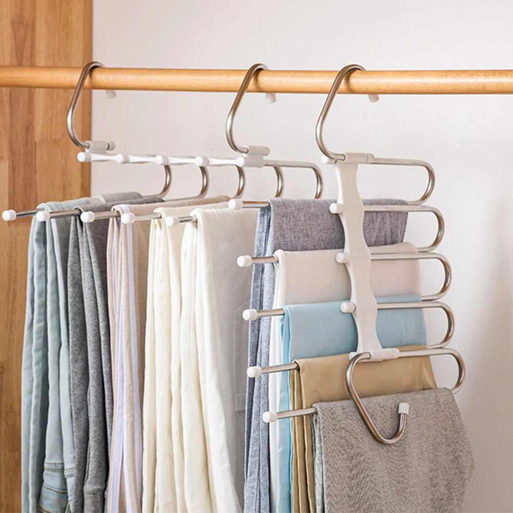 Versatile 5-in-1 stainless steel clothing rack with dual-hook system for organised wardrobe