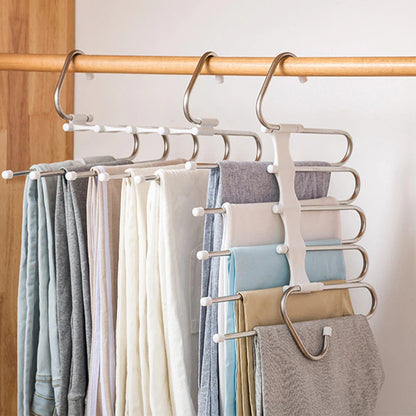 Versatile 5-in-1 stainless steel clothing rack with dual-hook system for organised wardrobe