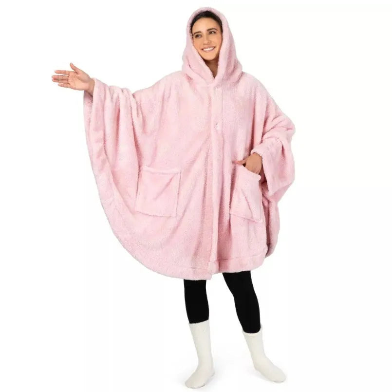 Thickened long sleeve hooded bathrobe in black, dark grey or pink polyester.