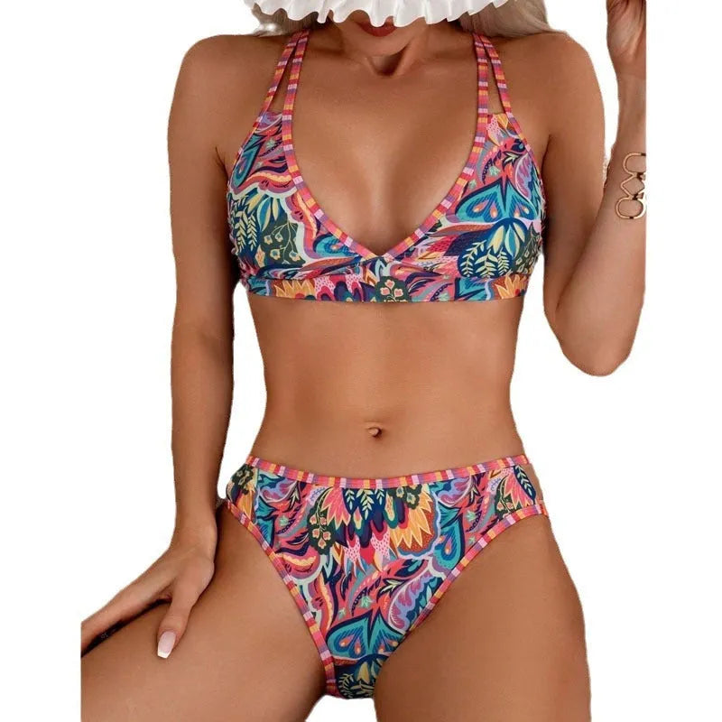 Women's printed halter swimsuit in mixed colour with matching trousers