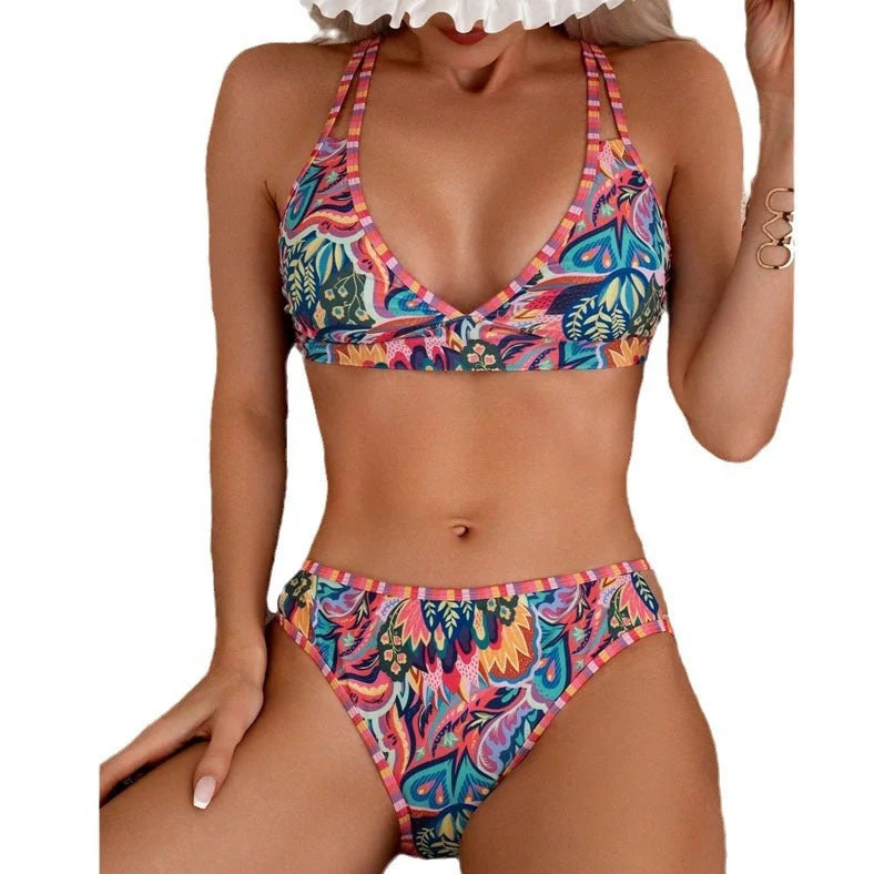 Women's printed halter neck beach swimsuit with mixed colour pattern and adjustable tie-back closure