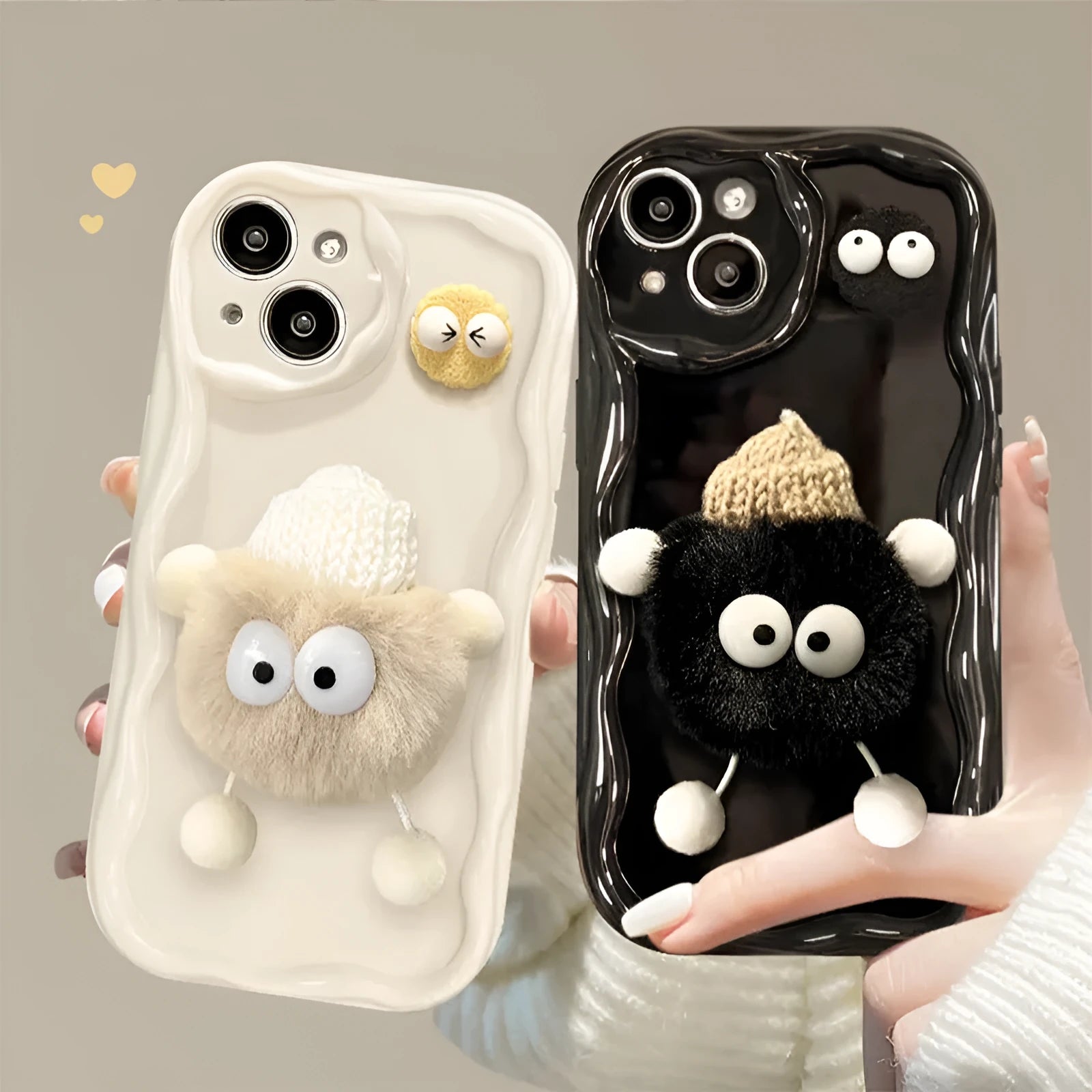 Cartoon cute plush hat doll TPU phone case for iPhone in cream shell-little devil fur ball beige style