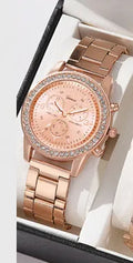 Women's three-eye quartz diamond-embedded watch with alloy strap in rose gold colour