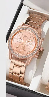Women's three-eye quartz diamond-embedded watch with alloy strap in rose gold colour